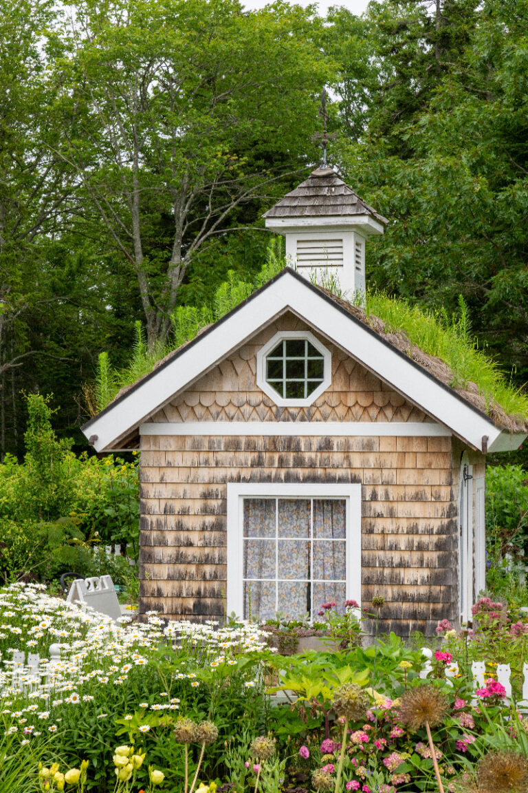 July-15-2021. Boothbay Harbor, Maine, USA. Living roof on a small building in the Coastal Maine Botanical Gardens.